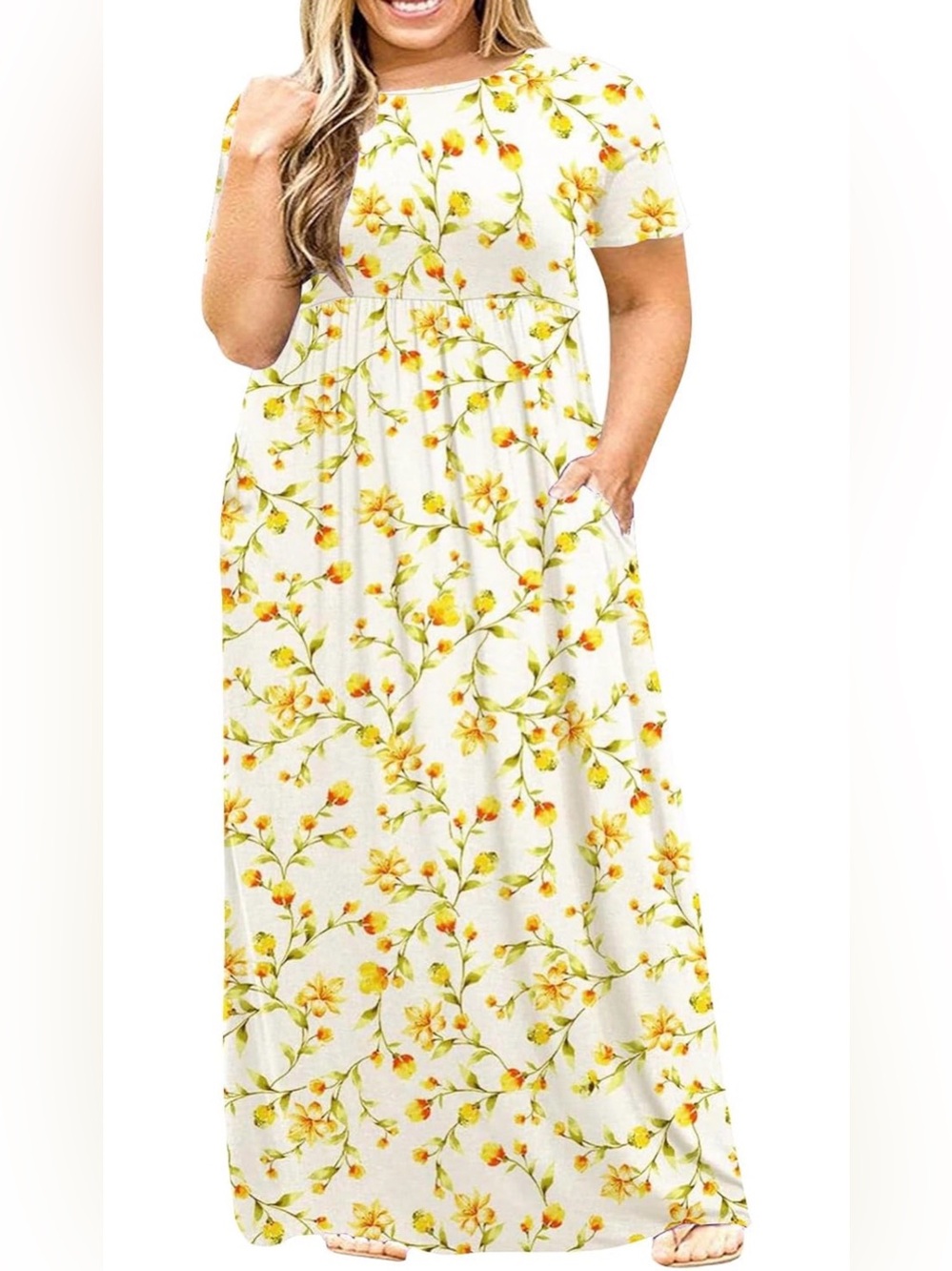 NWT Cream Maxi Dress with Yellow Floral Print- Short Sleeves & pockets, XXL